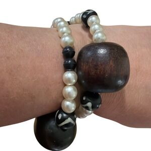 Boho Pearl and Wood Bead Multi Strand Wrap Bracelet Brown Cream Chunky